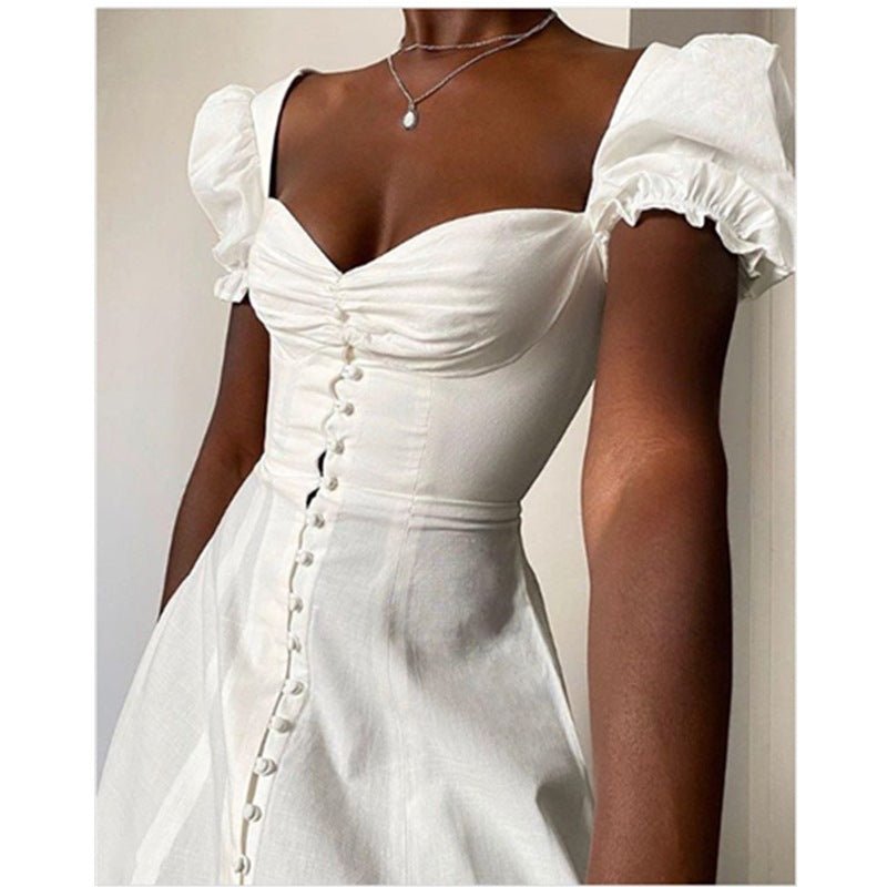 Wrapped chest cloth buttoned high waist split dress - cristishop