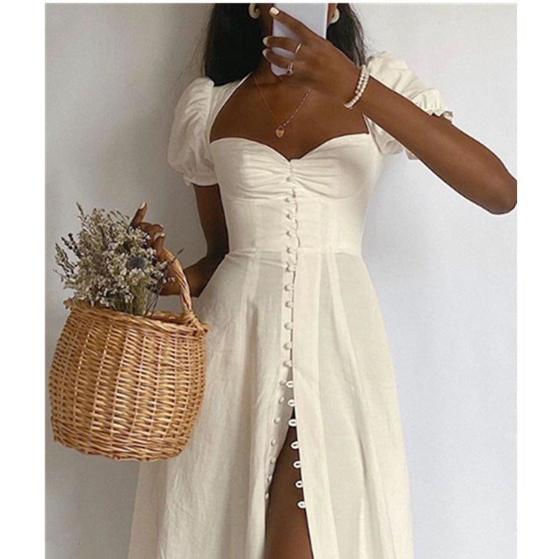 Wrapped chest cloth buttoned high waist split dress - cristishop