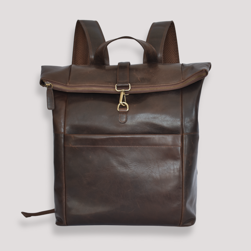 Dark Brown Roll-Top Leather Backpack – For Laptops – IULIUS