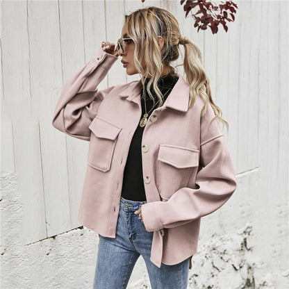 Lapel Single-breasted Thick Solid Color Shirt Woolen Cloth - cristishop