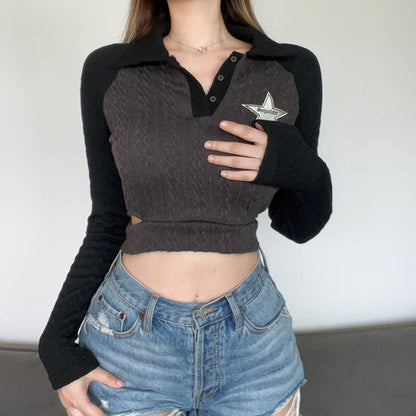 Fried Dough Twist Textured Star Cloth Hollow Knit Top - cristishop