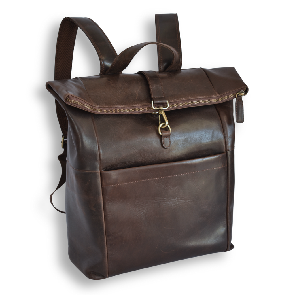 Dark Brown Roll-Top Leather Backpack – For Laptops – IULIUS