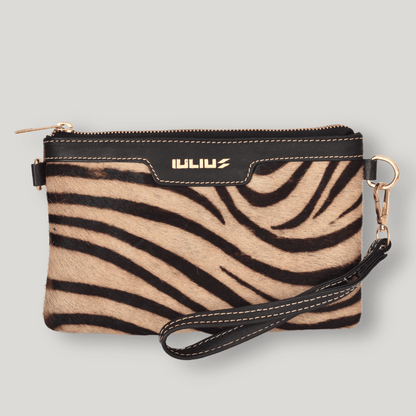 Cartera de Mano de Cuero Negro con Solapa Pelo Cebra – Piel Genuina – IULIUS - cristishop