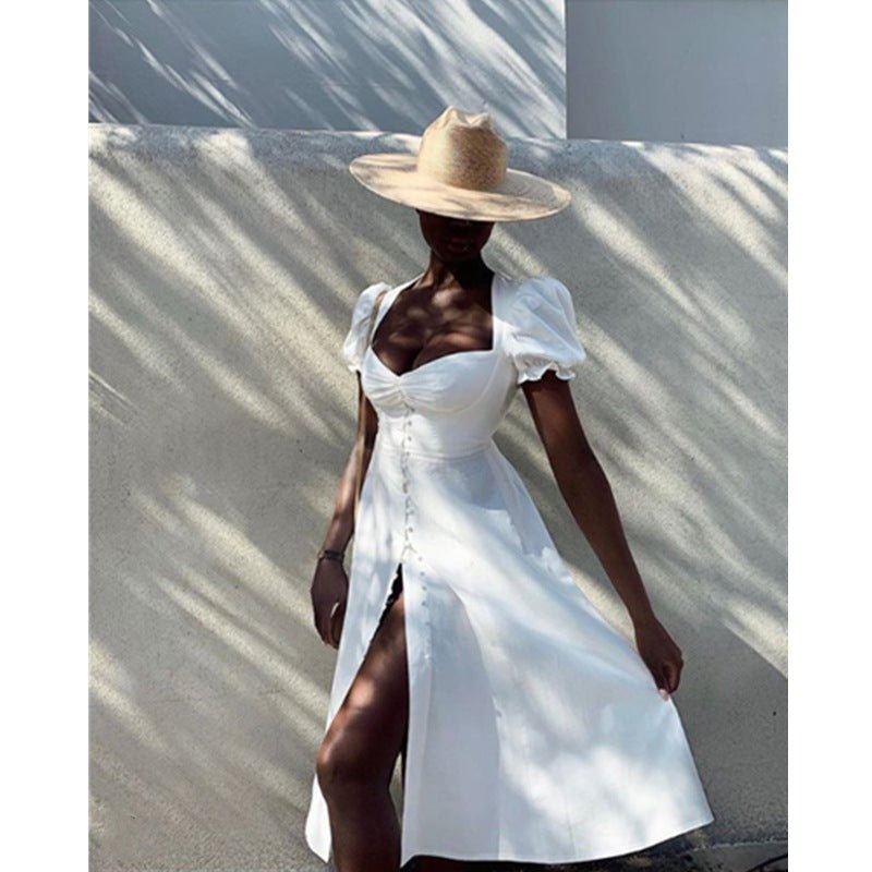 Wrapped chest cloth buttoned high waist split dress - cristishop