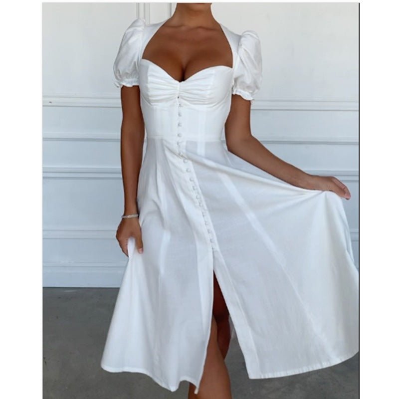 Wrapped chest cloth buttoned high waist split dress - cristishop
