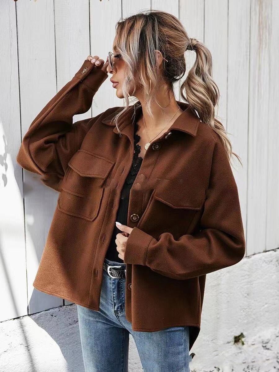 Lapel Single-breasted Thick Solid Color Shirt Woolen Cloth - cristishop