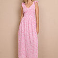 Vestido Rosa Largo Estampado Flores Tirantes Anchos con Volante