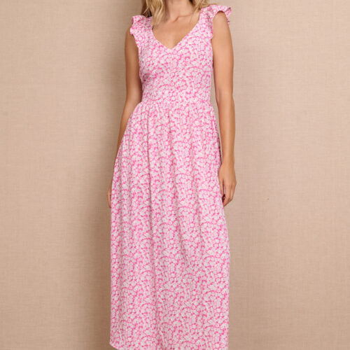 Vestido Rosa Largo Estampado Flores Tirantes Anchos con Volante