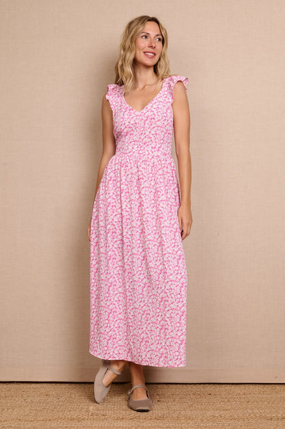 Vestido Rosa Largo Estampado Flores Tirantes Anchos con Volante - cristishop