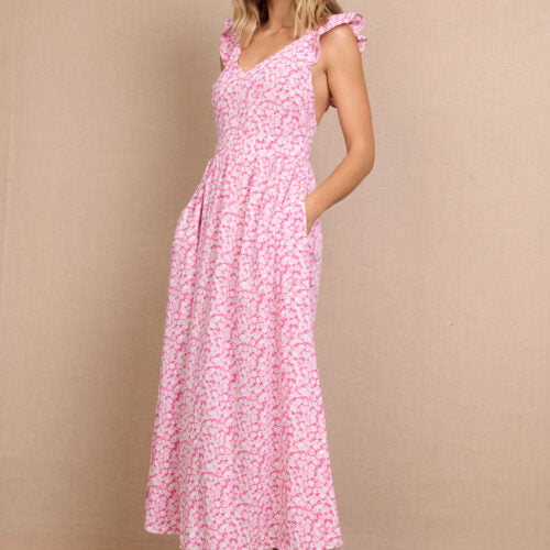 Vestido Rosa Largo Estampado Flores Tirantes Anchos con Volante