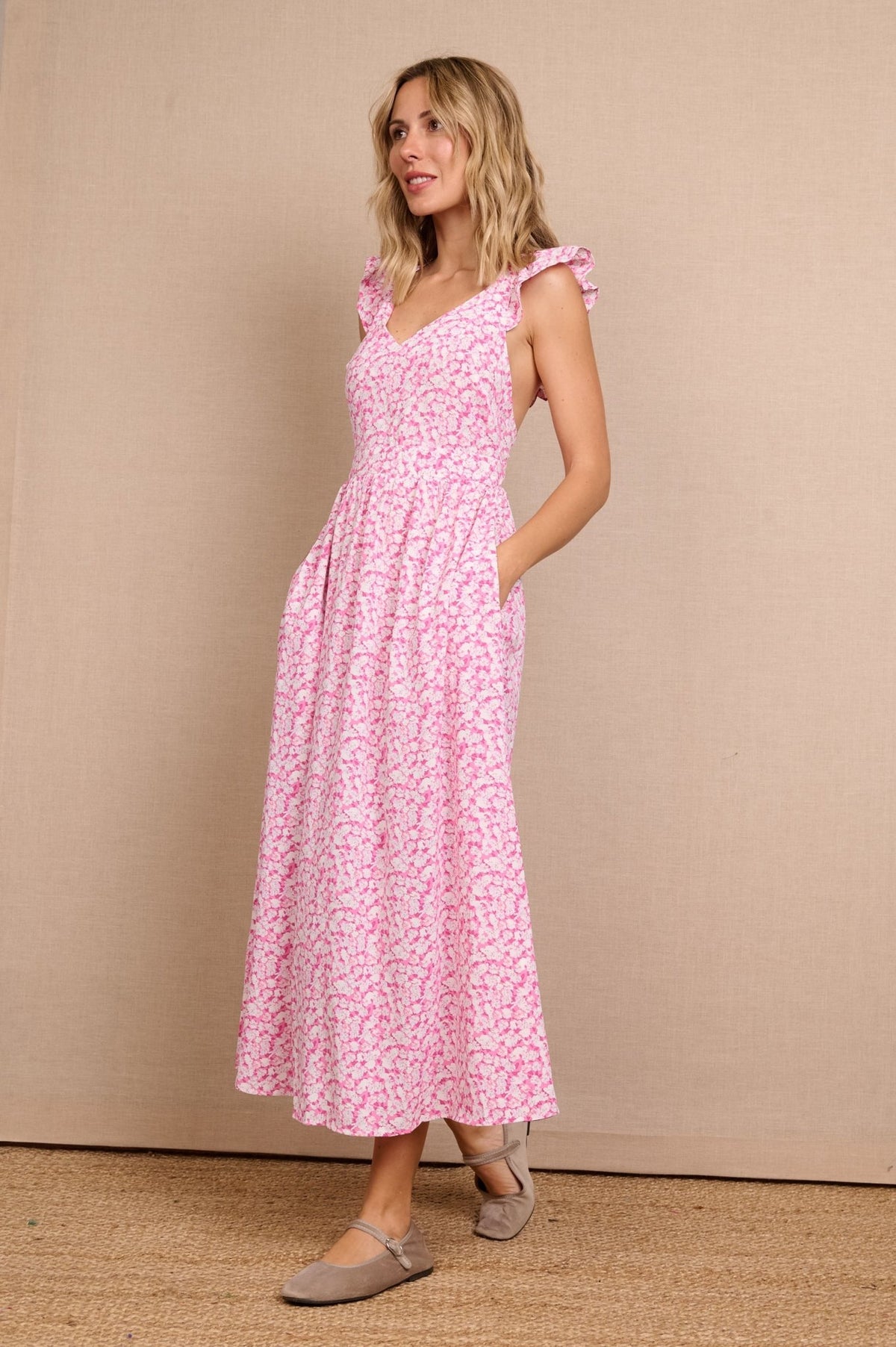 Vestido Rosa Largo Estampado Flores Tirantes Anchos con Volante - cristishop