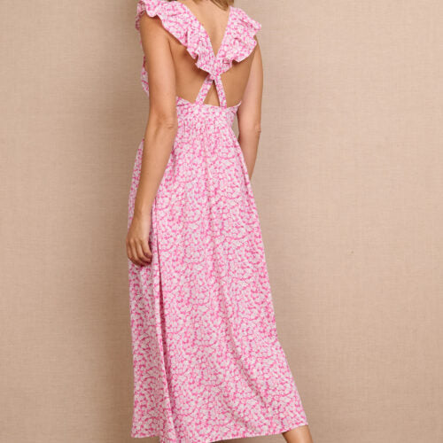 Vestido Rosa Largo Estampado Flores Tirantes Anchos con Volante