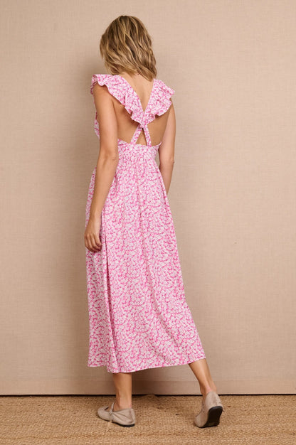Vestido Rosa Largo Estampado Flores Tirantes Anchos con Volante - cristishop