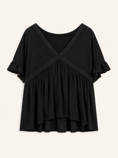 Blusa Negra Mangas anchas y Cuello Bordado - cristishop