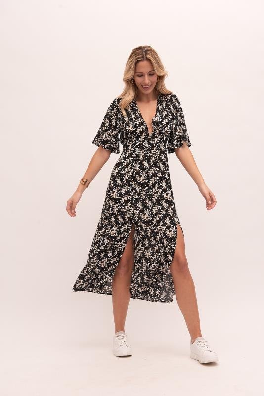 Vestido de Manga Corta Negro Floral Largo - cristishop