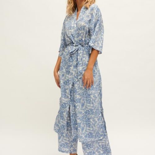 Kimono Largo Azul Hojas