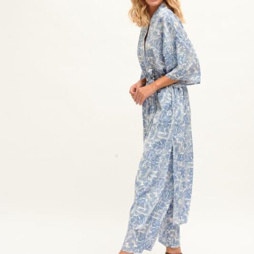 Kimono Largo Azul Hojas