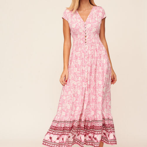Vestido Largo Rosa Abertura Estampado Flores Blancas