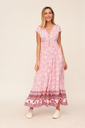 Vestido Largo Rosa Abertura Estampado Flores Blancas - cristishop