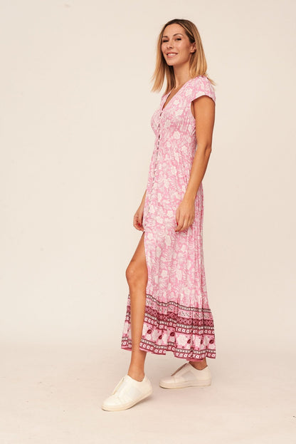 Vestido Largo Rosa Abertura Estampado Flores Blancas - cristishop