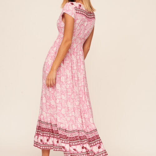 Vestido Largo Rosa Abertura Estampado Flores Blancas