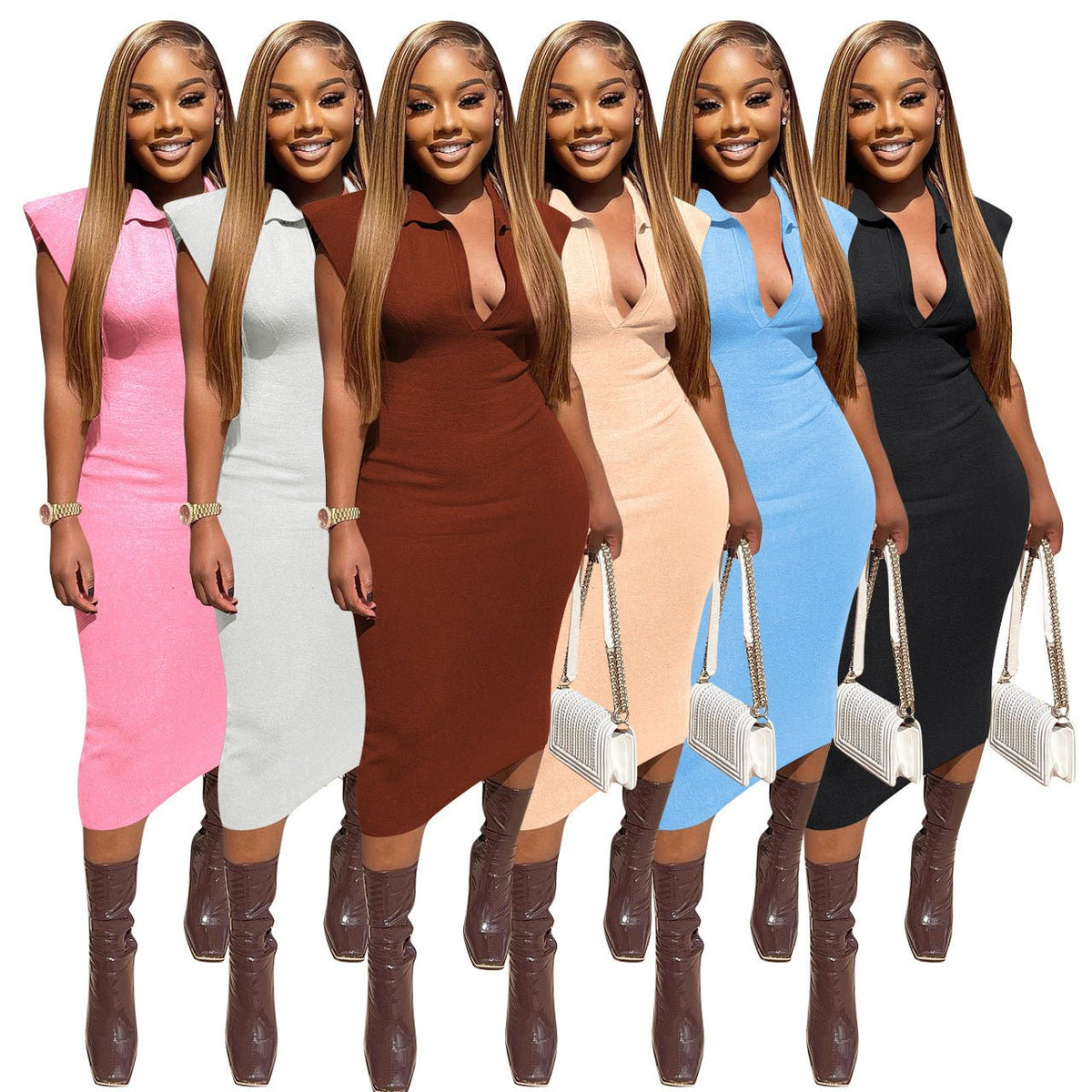 Slim Fit Solid Color Roman Cloth Sleeveless Dress - cristishop