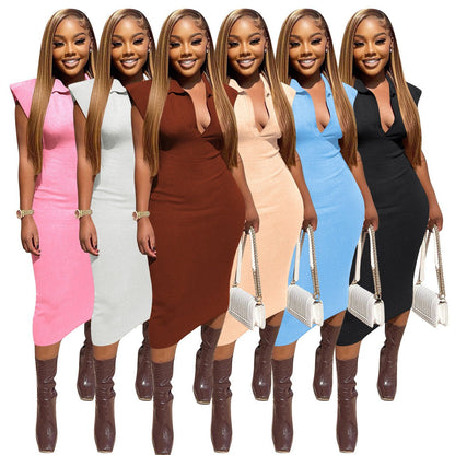 Slim Fit Solid Color Roman Cloth Sleeveless Dress - cristishop