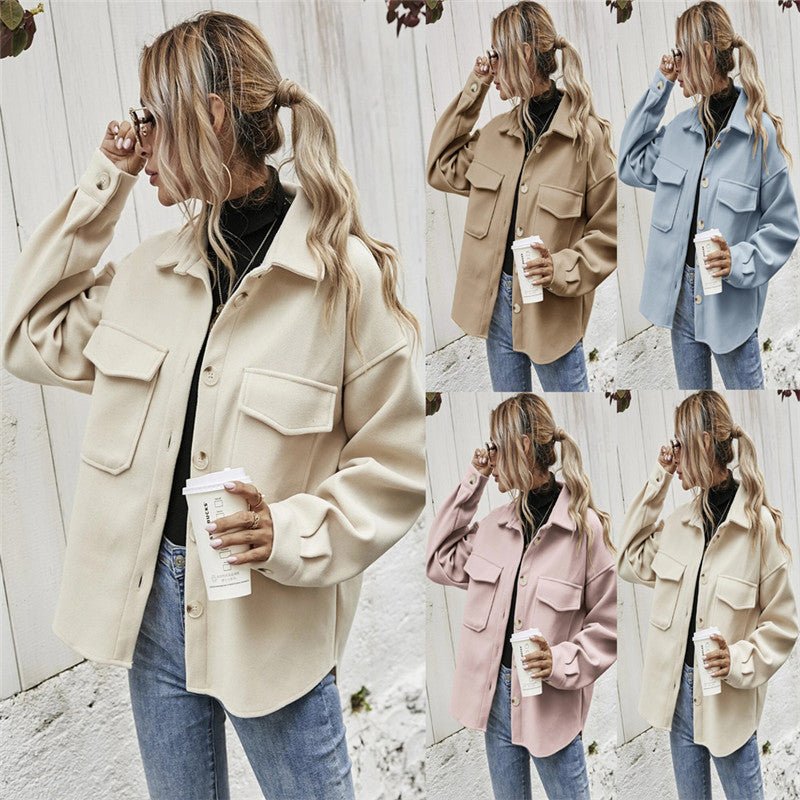 Lapel Single-breasted Thick Solid Color Shirt Woolen Cloth - cristishop