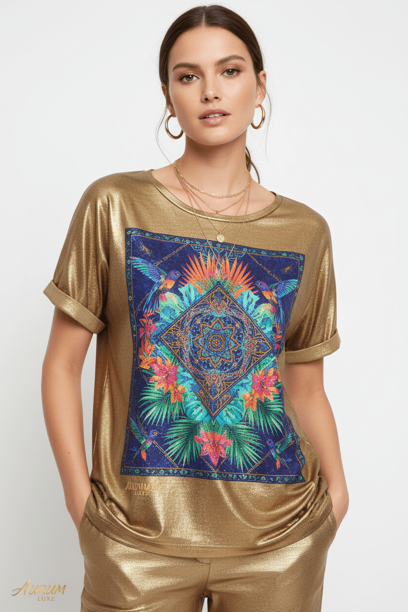 Camiseta Dorada con Detalles Multicolor – Oro & Alma - cristishop