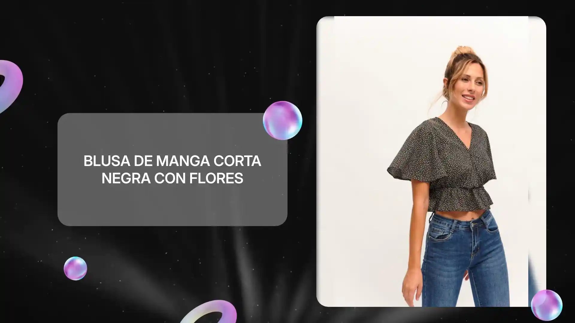 Blusa de Manga Corta Negra con Flores by@Outfy