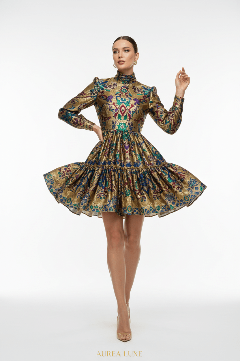 Vestido Corto Dorado con Estampado Multicolor – Oro & Alma - cristishop